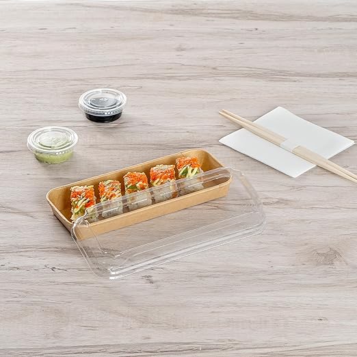 Restaurantware-LIDS ONLY: Matsuri Vision 8.8 x 3.7x 1.2 Inch Lids For Sushi Containers 100 Airtight Lids - Containers Sold Separately No-Fog Design Clear Plastic Dome Lids For Sushi Boxes