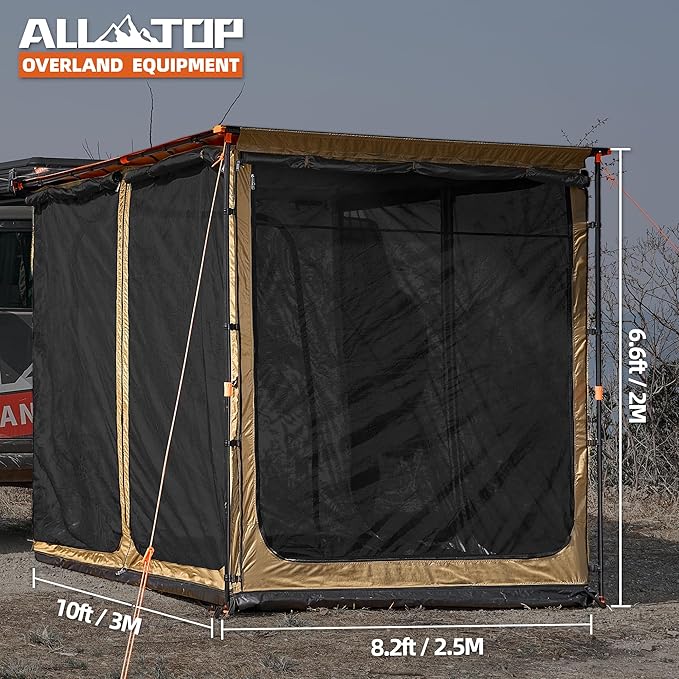 ALL-TOP Awning Room with Floor 8.2' x 10' Rip-Stop 210D Oxford Awning Tent with Bug-Resistance Mesh Waterproof Sun Shelter for Overland Camping(Black Coating Room Only)