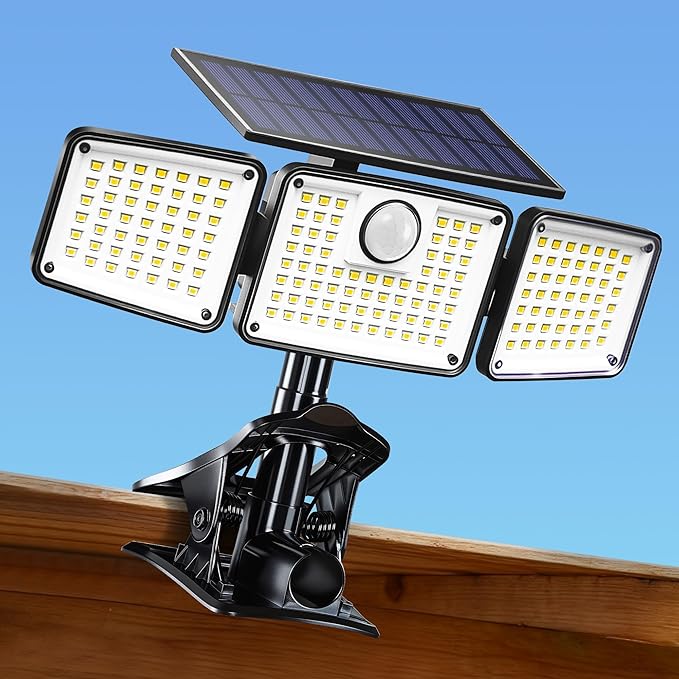 Clip on Solar Lights 1500LM Motion Sensor Security Lights with Remote Control 270°Wide Angle Solar Flood Light 3 Heads High Bright Solar Lights Outdoor Waterproof for Fence Gutter Yard（1Pack）