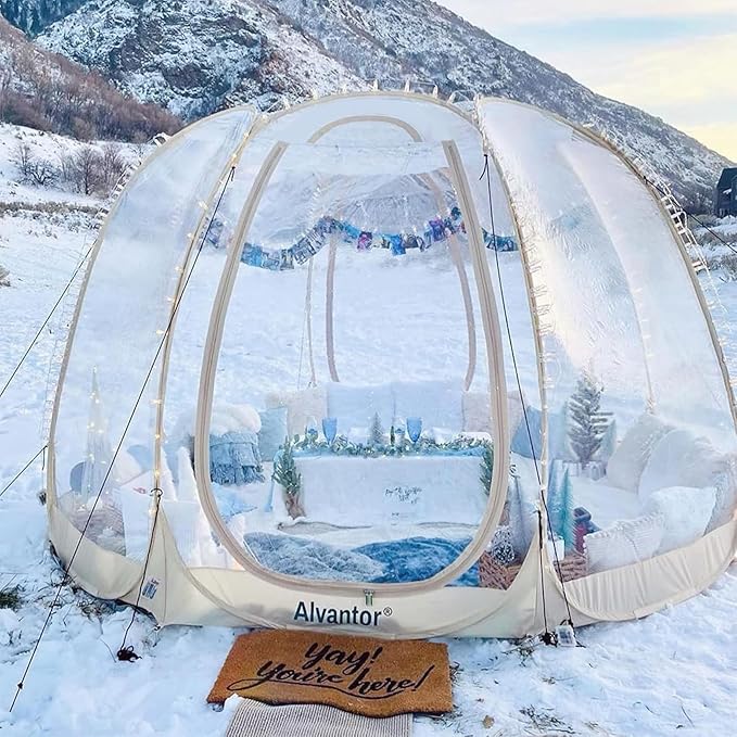Alvantor® Pop Up Bubble Tent® - 12’ x 12’ Instant Igloo Tent® - 8-10 Person Screen House for Patios - Large Oversize Weather Proof Pod - Cold Protection Camping - Beige