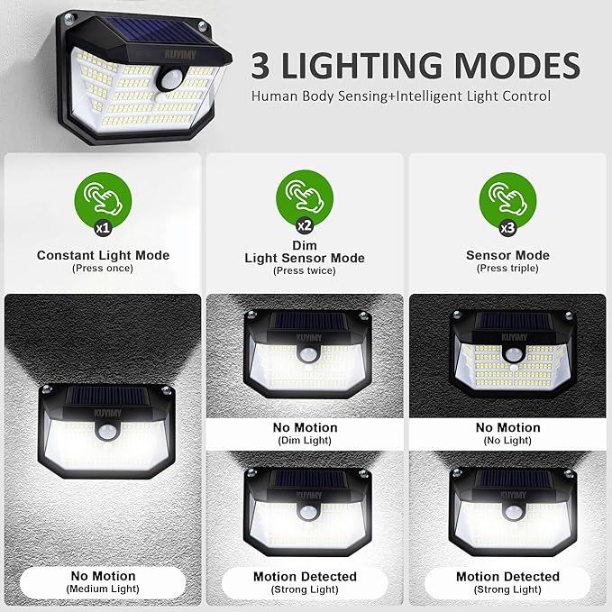 Solar Outdoor Lights 230 LED with Motion Sensor and 3 Modes IP65 Waterproof 270° Wide Angle Light Easy-to-Install Intelligent Security Wireless Wall Lights for Porch Garage Yard(4 Pack)