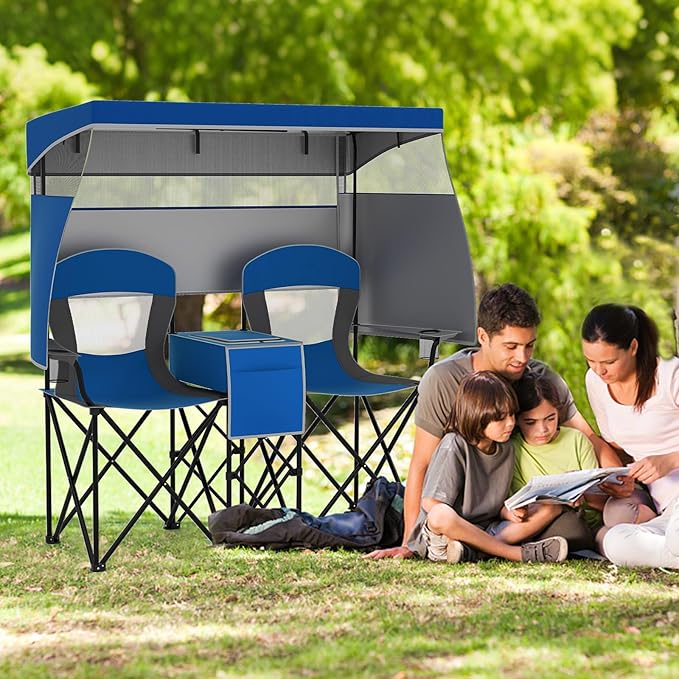 S AFSTAR Camping Chair with Canopy 2-Person Folding Beach Chair with Cup Holders 3-Side Shading Curtains &amp Cooler Bag Foldable Loveseat Lawn Chair for Camping Outdoor &amp Fishing (Navy Blue)