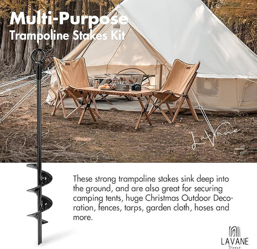 18 inch Trampoline Stakes Kit LA VANE 4-Pack Spiral Ground Anchors Tent Stakes Heavy Duty Screw in Earth Anchors High Wind Metal Auger Anchor for Shed Swing Sets Carports Camping Tent Canopies