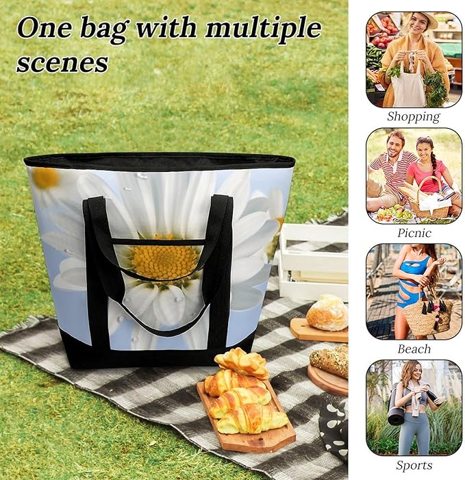 Insulated Shopping BagLarge Reusable Cooler Bags White Daisy Printed Foldable Shopping BagTravel Waterproof Shoulder Bag