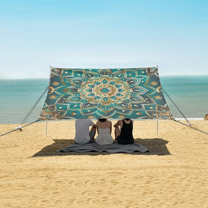Turquoise Mandala Beach Tent Sun Shelter 9.2' x 10.5' Beach Canopy with 4 Sandbags 4 Stability Poles Sand Shovels - Tent Canopy for Beach Camping Fishing Picnics