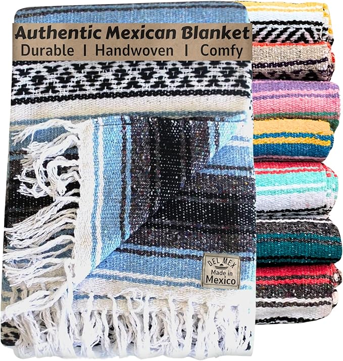 Del Mex Classic Mexican Blanket Large Authentic Woven Falsa Throw (70x50) Artisan Southwest Décor for Beach Yoga Outdoors (Light Blue)