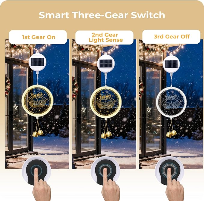 Solar Hanging Lights - Outdoor Indoor Christmas Decorations for Window Garden Patio PorchHoliday Home Decor (Jingle Bell)