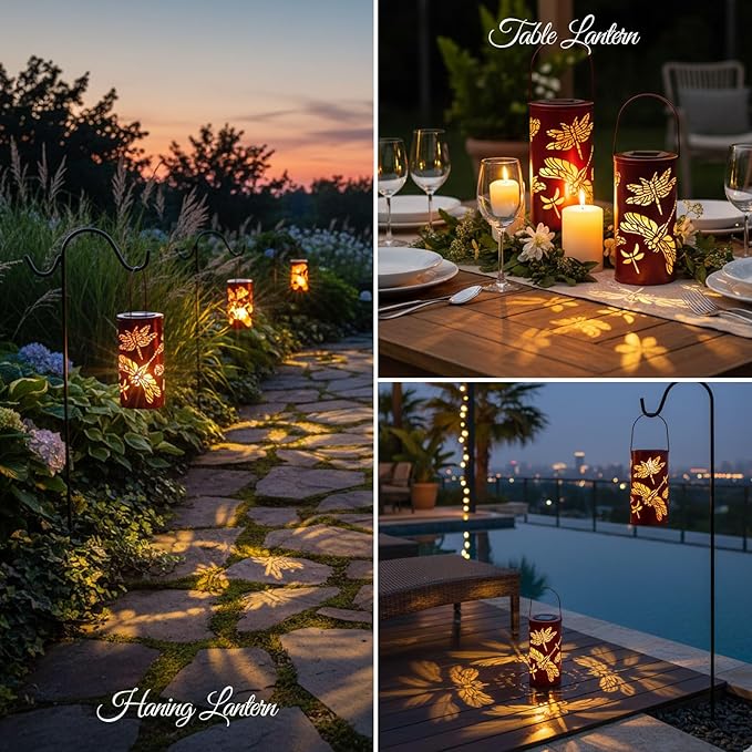 12.8 Large Size 2-Pack Outdoor Solar Lanterns Waterproof Metal Dragonfly Patterns Garden Decor Gifts for Women Mom Grandma Hanging Solar Lanterns for Outside Yard Patio Backyard Porch