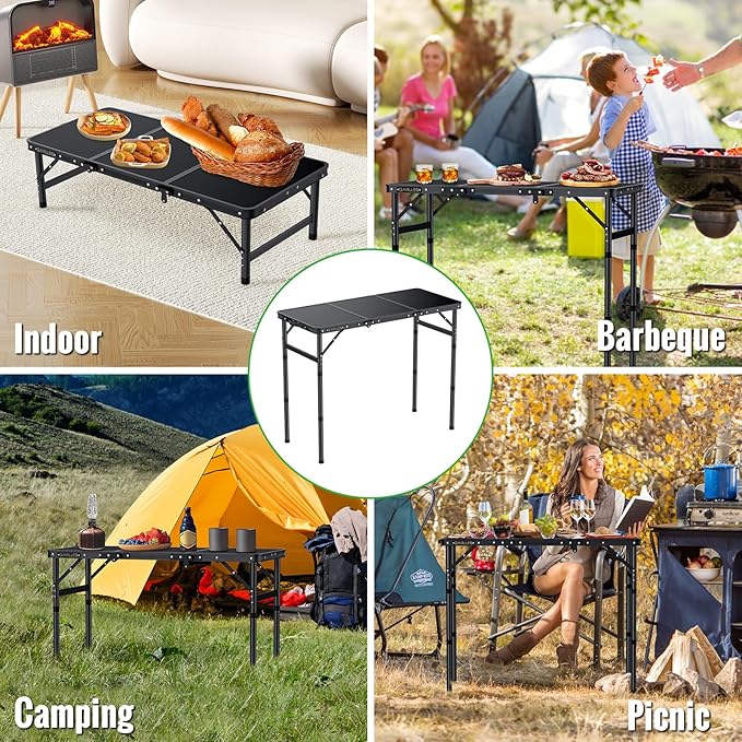 GARLLEN Folding Camping Table Max 27.5 3-Height Adjustable Portable Camping Table with Carrying Bag Lightweight Aluminum Folding Picnic Tables for BBQ Travel Outdoor 34.2 L x 15.7 W