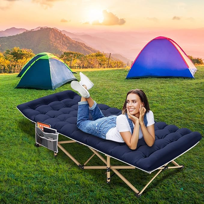 Camping Cot with Mattress 450LBS(Max Load) Portable Folding Outdoor Bed with Carry Bag for Adults Kids Heavy Duty Cot for Traveling Gear Supplier Office Nap Beach Vocation and Home Lounging