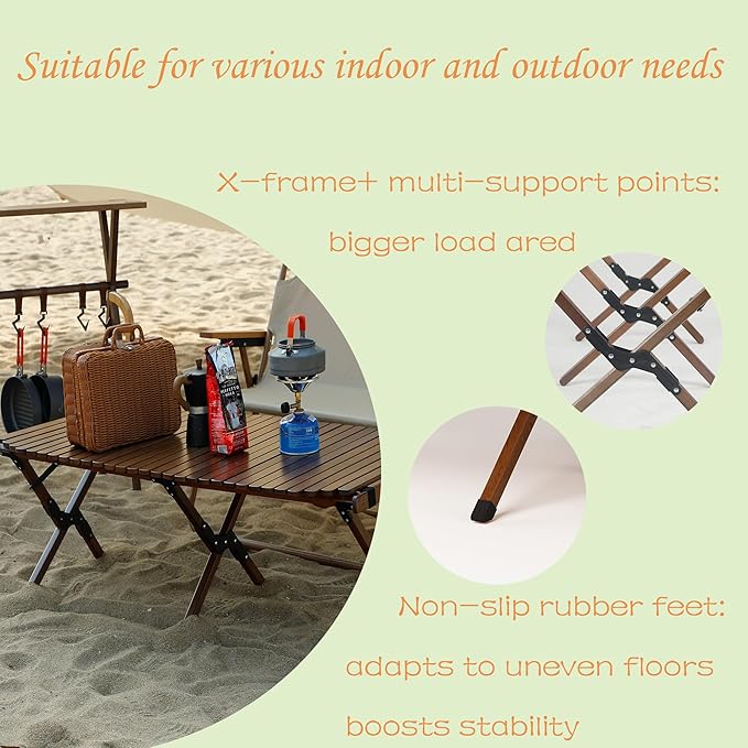 Folding Camping Table Beech Wood Portable Lightweight Roll-up Picnic Table with Carrying Bag for Outdoor Backyards BBQ Beach Party Patio(Walnut Rounded Edges &amp Big)