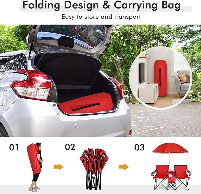 Giantex Double Camping Chair with Umbrella - Folding Picnic Loveseat with Carrying Bag Cooler Bag Table Side Pocket &amp Cupholder Portable Beach Chair for Camping Picnic Fishing Beach