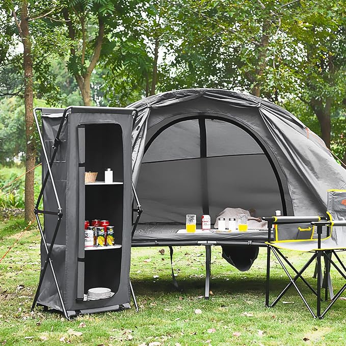 Giantex Folding Camping Storage Cabinet with 3 Shelves and Carry Bag Portable Outdoor Organizer Kitchen Table Quick Set-up for BBQ Picnic Backyard Compact Pop-Up Cupboard 55''H