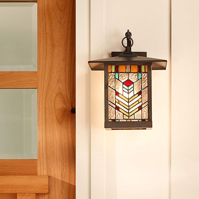RIVER OF GOODS Stained Glass Outdoor Light Fixture - Mission Style Exterior Lighting Fixtures - Outdoor Lights for House Patio Porch Garage - Wall Mount Sconce Lights - 11.75 H - Mabel