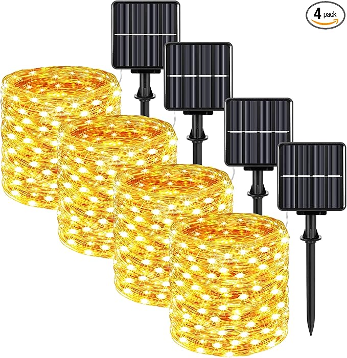 Extra-long 288FT 800LED Solar Fairy String Lights 4-Pack 72FT 200 LED Outdoor Twinkle Lights Waterproof 8 Lighting Modes Warm White Copper Wire Lights for Deck Backyard Tree Garden Fence Pool Party