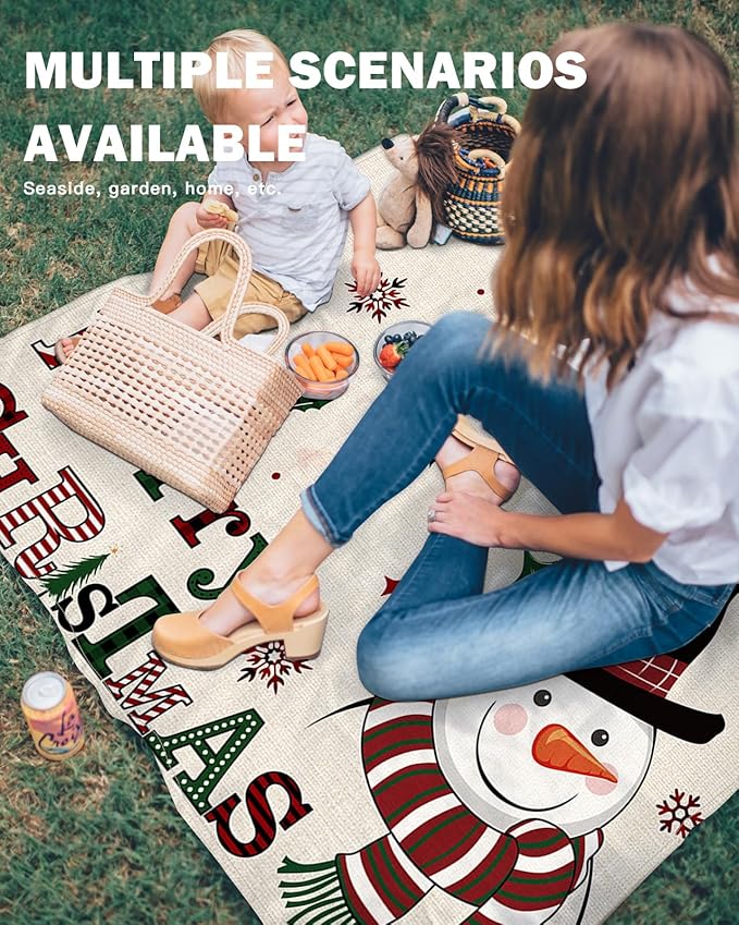 Beach Blanket Waterproof Sandproof OversizedMerry Christmas Snowman Winter Snow Beach Mat with Corner Stakes Sand PocketsBells Berries Seamless Outdoor Picnic Mat for Travel Camping Hiking 95x80In