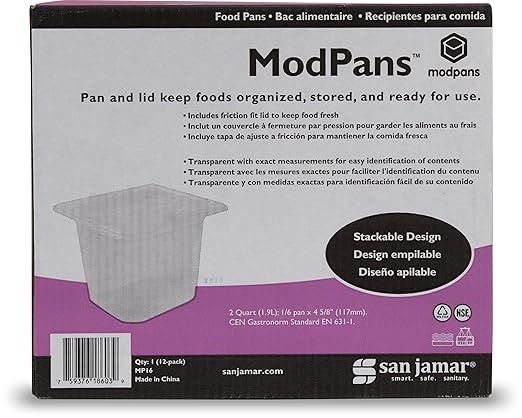 San Jamar Modpans 1/6 Food Pan and Lid for Kitchens and Restaurants Plastic 2 Quarts White