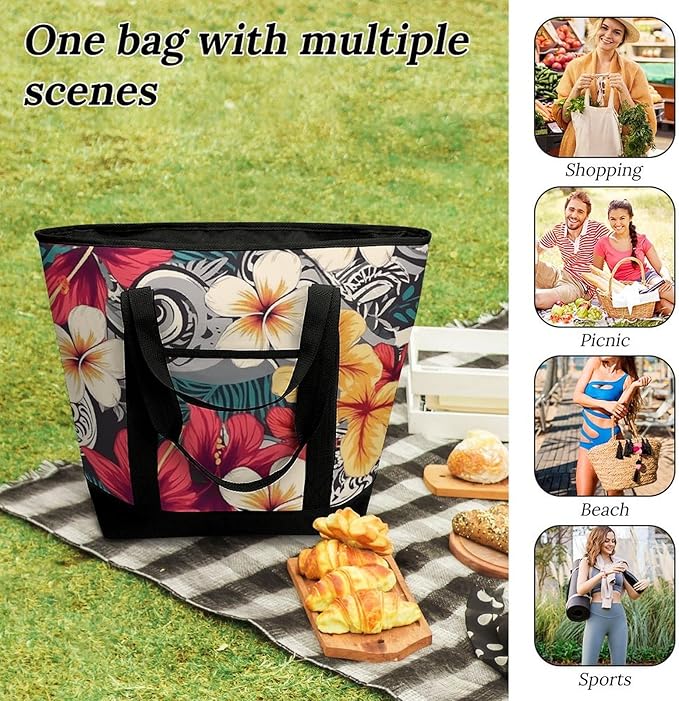 Insulated Shopping BagLarge Reusable Cooler Bags Colorful Hawaiian Pattern Printed Foldable Shopping BagTravel Waterproof Shoulder Bag