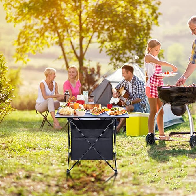 Portable Folding Aluminum Alloy Camping Table with High-Capacity Storage and Carry Bag Medium Size for Camping Traveling Hiking Fishing Beach BBQBlack