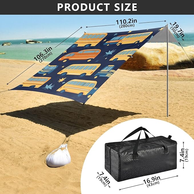 ALAZA Cartoon Bus Beach Tent Sun Shelter Portable Canopy Sunshade for Outdoor Camping Picnics Backyard Fun 10x9 ft