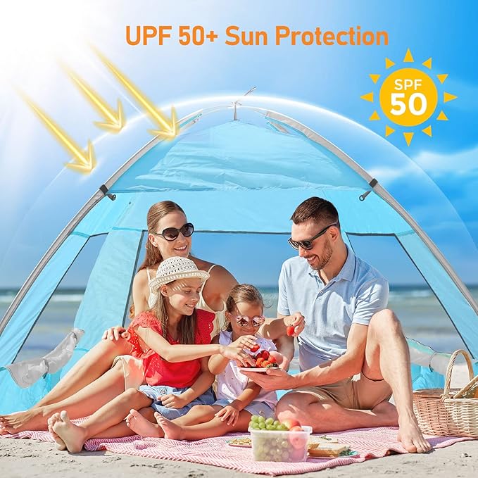 2 Person Pop Up Beach Tent Anti-UV Beach Shelter Easy Step Up 3 Mesh Windows and 6 Sandy Bags Keep Your Beach Trip Cool(Light Blue)