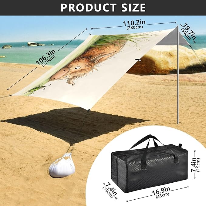 ALAZA Cute Bull Calf Yak Ladybug Beach Tent Sun Shelter UPF50+ Protection Beach Shade Canopy w/ 4 Sandbags for Outdoor Camping Fishing Backyard Fun Picnic 10x9 ft