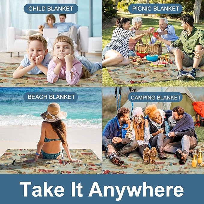 Chinese Style Powder Chinoiserie Blue and White Waterproof Outdoor Picnic Blanket Sandproof Beach Mat for Camping Hiking Grass Travelling
