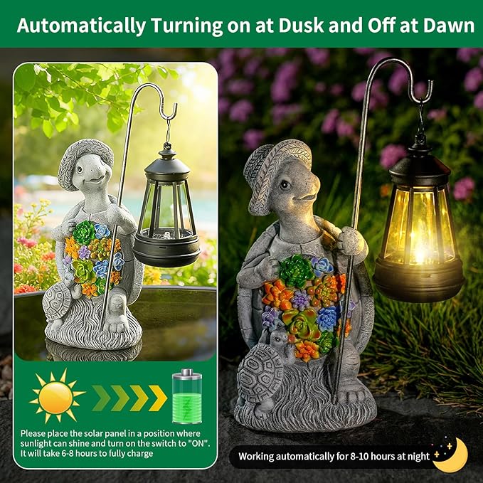 Solar Garden Outdoor Statue Turtle with Hanging LED Lantern —Outside Solar Turtle Decor for GardenHomeLawnYard Balcony Ornament- Unique Housewarming Gifts