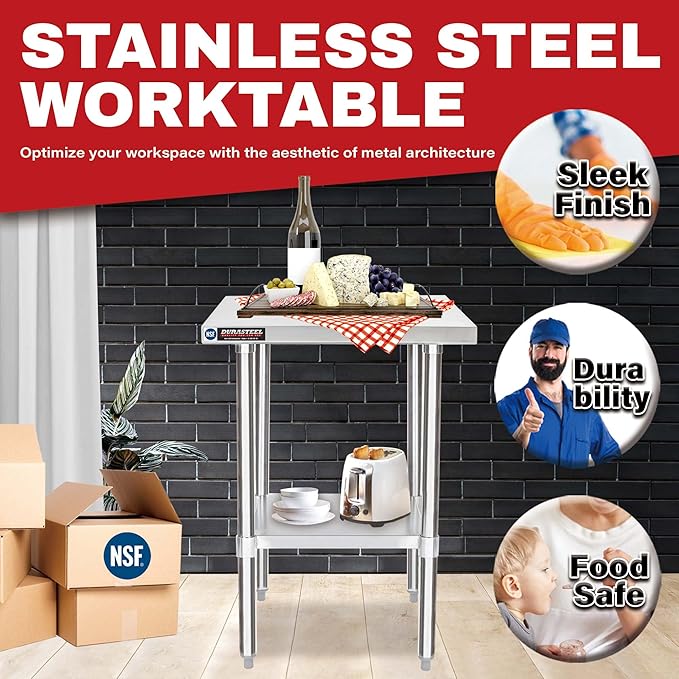 DuraSteel 24x18 Small Stainless Steel Table - NSF Metal Food Prep Commercial Kitchen Workt able - Side Mixer Stand with Under Shelf - For Laundry Room Kitchen Outdoor Grill Small Spaces