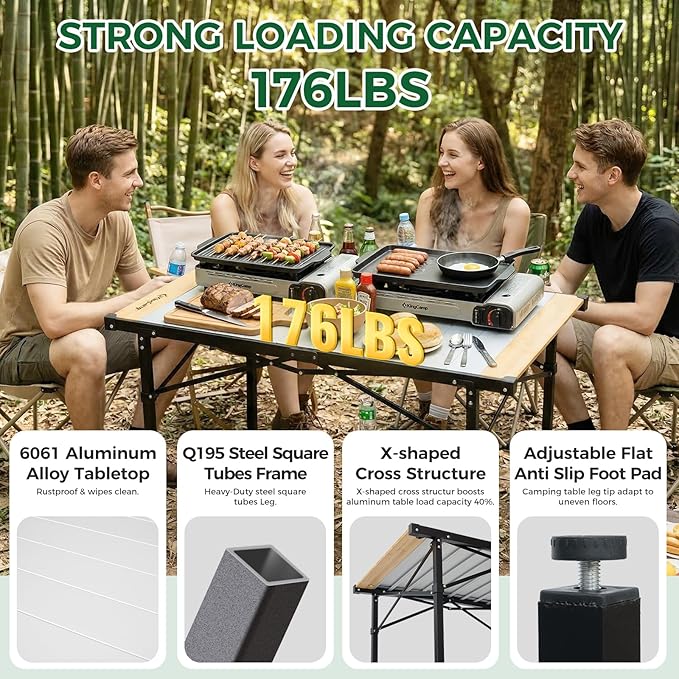 KingCamp Folding Camping Table Aluminum Roll-Up Camp Table Large Foldable Table for 4-6 Person Outdoor Portable Tables with Carry Bag 176 LBS Heavy Duty Load (Bamboo：40.16“x27.5”4-6 People)