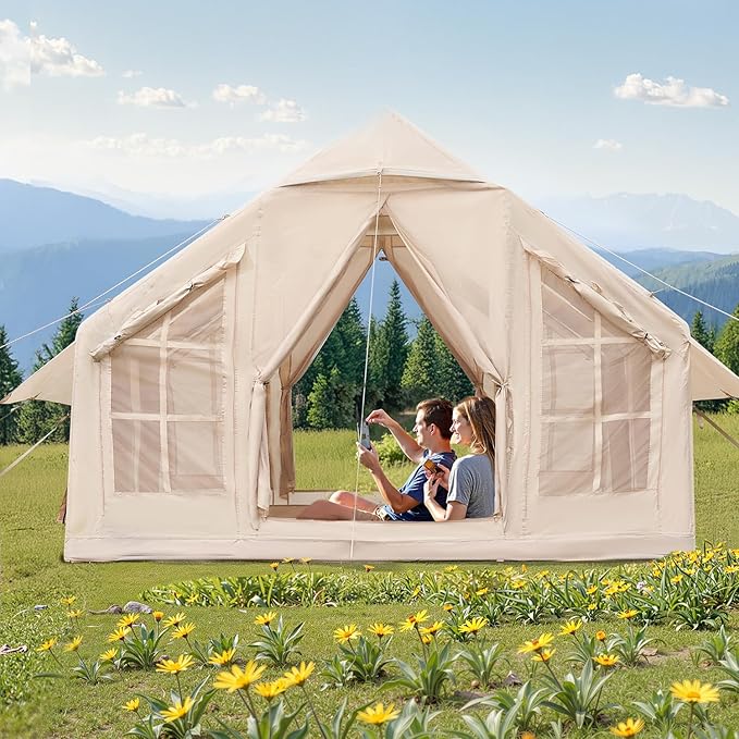 VEVOR Inflatable Tents for Camping Easy Setup Blow up Tent with Hand Pump 4 Season Glamping Tent with Stove Jack Doors &amp Mesh Windows Storage Bag Included for Easy Taking