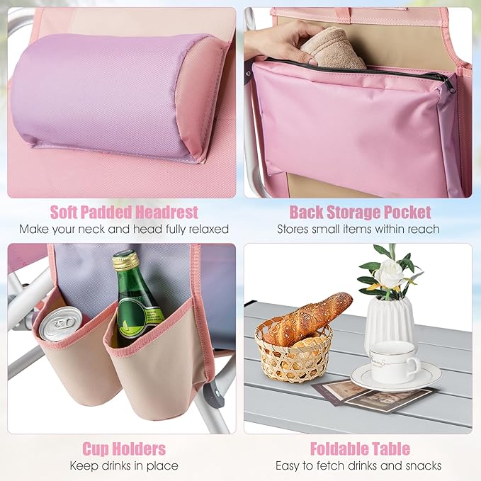 Tangkula Backpack Beach Chair with Table 5-Position Lay Flat Chairs with Cooler Bag 2 Cup Holders Towel Bar Lightweight Low Folding Chair with Backpack Straps Pink