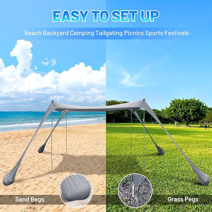 BOTINDO Family Beach Tent Canopy Sun Shade Pop Up Grande Beach Tent Sun Shelter Stability 4 Poles with Portable Carry Bag Outdoor Shade for Fishing Backyard Camping