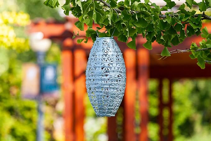 Allsop Soji Stella Wildflower Pod Solar Lantern 15 LED Outdoor Light Handmade with Weather-Resistant UV Treated Fabric Stainless Steel Hardware Auto Sensor on/Off for Patio Deck Garden