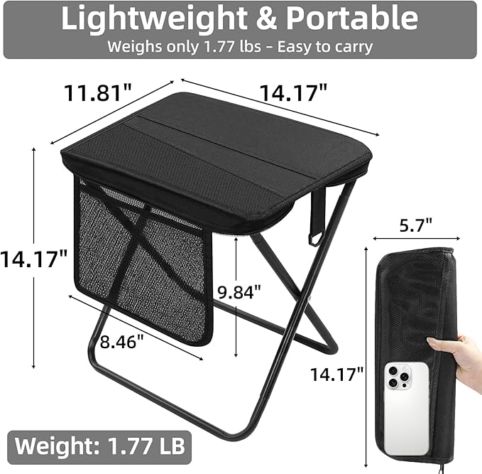 Portable Folding Camp Stool with Side Pocket Taller Foldable Camping Stool for Adults Metal Backpacking Stool Lightweight Mini Folding Chair Compact Camping Seat Travel Fishing Hiking Mobile Chair