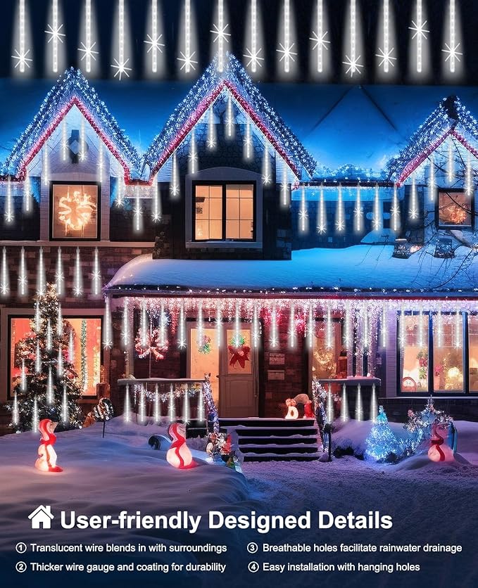 Christmas Lights Outdoor 16 Inch 20 Tubes Meteor Shower Rain Light Waterproof Falling Icicle String Lighting for Xmas Tree Yard House DecorShine White
