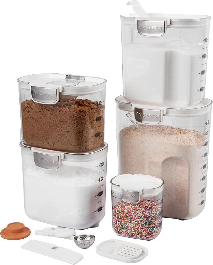 ProKeeper+ Airtight Food Storage Container Set – Clear Plastic Flour and Sugar Canister Set with Magnetic Accessories for Kitchen Organization (White 9-Piece)