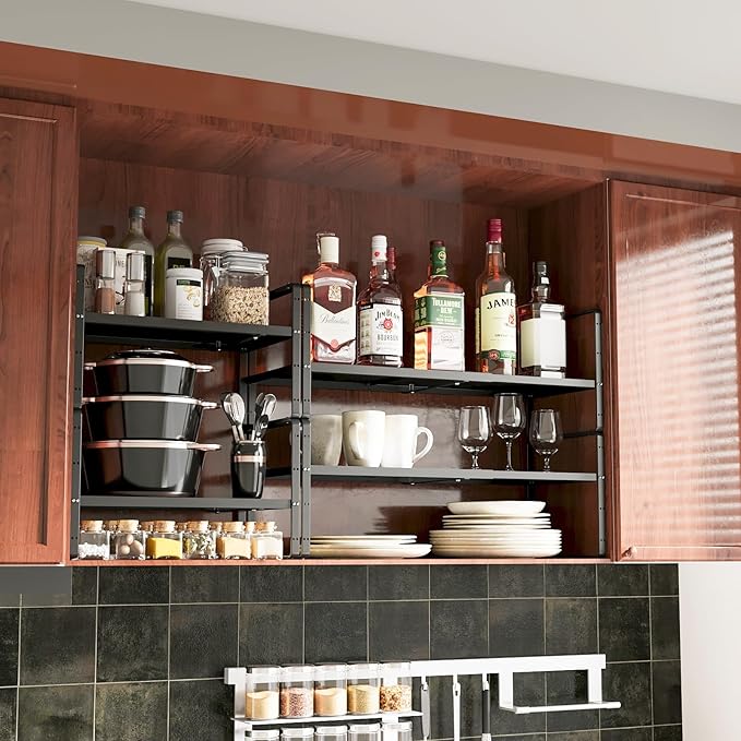 16.5~27.1 Expandable Shelf Organizer 2Pack 10.2 Wide Stackable Cabinet Shelf Organizers Black Metal Sturdy Kitchen Counter Storage for Countertop Adjustable Height Spice Rack