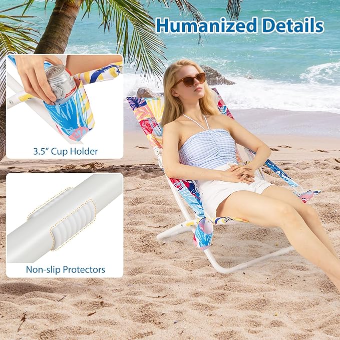 Giantex 2-Pack Folding Beach Chair Low Lawn Chairs with Padded Head Pillow Mesh Back Cup Holder and Armrests Portable Outdoor Lounge Chair for Camping Sunbathing Picnic Fishing