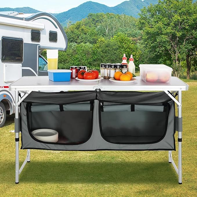 VEVOR Camping Kitchen Station 3 Adjustable Height Folding Outdoor Camp Cooking Table with Storage Organizer Quick Set-up for Patio BBQ Picnic Glamping Traveling