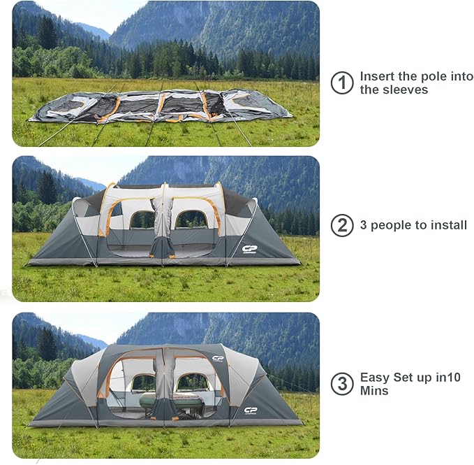 CAMPROS CP Tent 12-Person-Camping-Tents3 Room Family TentsWaterproof Windproof Family Tent with Top Rainfly6 Large Mesh WindowsDouble LayerEasy Set Up Portable with Carry Bag-20' x 9' x 72(H)