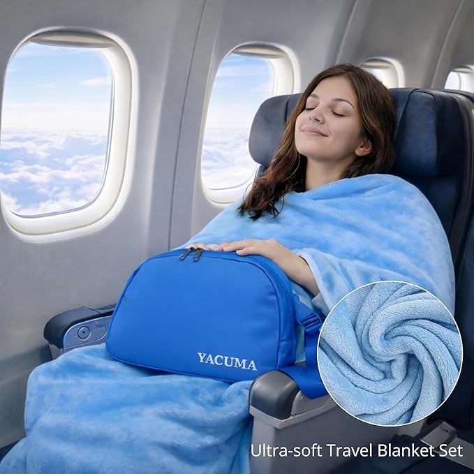 Travel Blanket Airplane Compact with Bag Ultra-Soft 40 x 60 Flannel Travel Organizer Bag with Adjustable Strap Lightweight Warmth for Long Flights