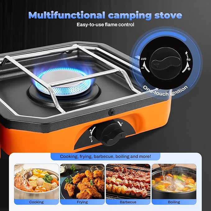 Adjustable 2-Burner Portable Stove with 16000 BTU with Camping Grill and Carrying Bag Portable Propane Camp Stove with 2 Burners &amp Piezo Ignition for Camping Backyard BBQTailgating (Orange)
