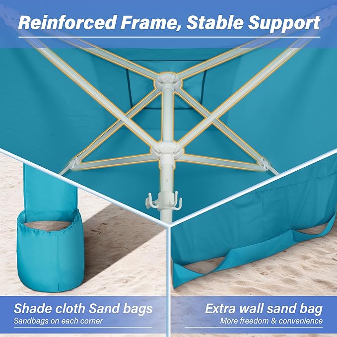 Beach Cabana-6.6x6.6’Beach Canopy with Side WallPortable Umbrella Tent with Sand Pockets for Family &amp FriendsEasy Up Beach Sun Shelter for Outdoor PatiosBackyardsand CampingBlue