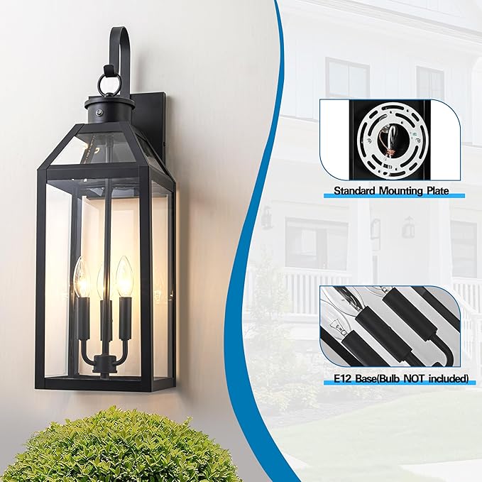 26 Dusk to Dawn Outdoor Wall Light with Sensor - Waterproof Exterior Wall Sconce for Porch Patio Garage Front Door Balcony Entry Modern Hardwired Lantern in Black Metal &amp Glass 3 Light - 2 P