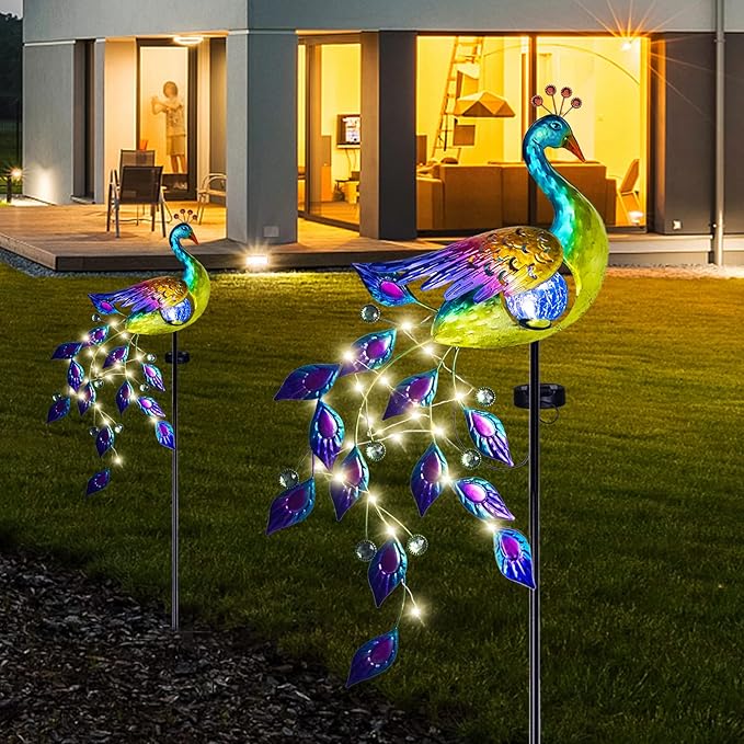 DREAMSOUL Solar Garden Lights Outdoor Metal Peacock Decor Solar Lights Garden Stakes with Led String Lights Waterproof Crackle Glass Ball Landscape Path Light for Lawn Patio