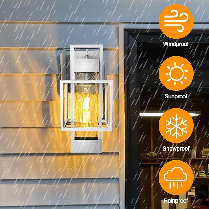 PARTPHONER Modern Outdoor Light Fixtures Dusk to Dawn Outdoor Lighting 2 Pack 15 Exterior Wall Sconce Waterproof Outside Porch Light for House with Water Glass for Garage Doorway Silver