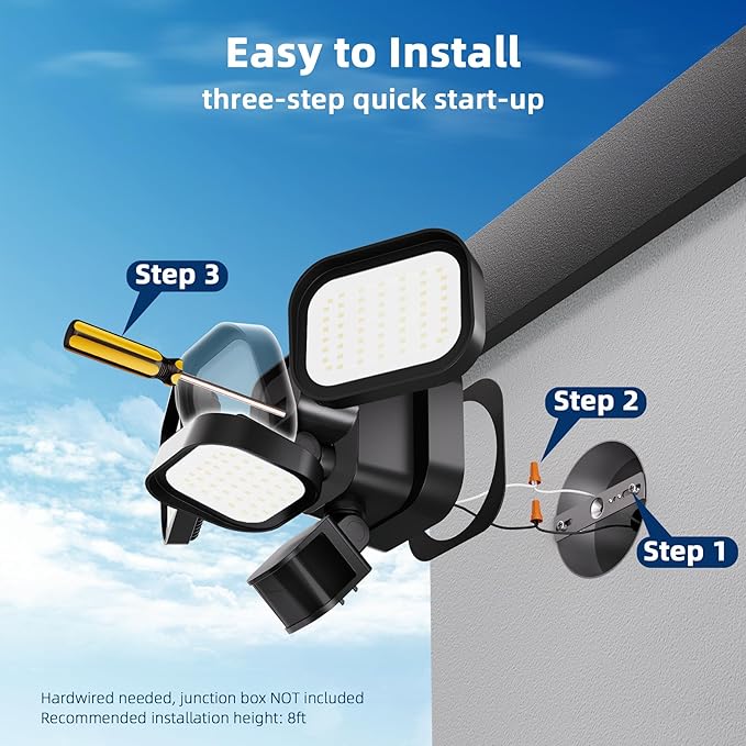 LED Motion Sensor Outdoor Lights 6500LM 270° 72FT Detected Range Dusk to Dawn 5000K IP65 Waterproof Flood Lights Outdoor 3 Head Motion Detector Security Light for GarageYard