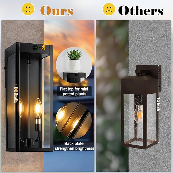 Black Motion Sensor Outdoor Lights 2-Light 16” Modern Dusk to Dawn Sensor Lights for Outside 2 Pack Exterior Wall Mount Porch Lanterns Waterproof Outside House Lamps for Garage Yard E12