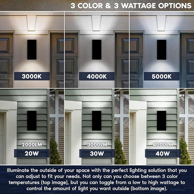 LUXRITE Dusk to Dawn LED Modern Outdoor Wall Lights 12 Up or Up and Down Light 3CCT 3000K-5000K Waterproof Square Wall Sconce 20/30/40W Dimmable IP65 ETL - Porch Patio Garage (2 Pack)